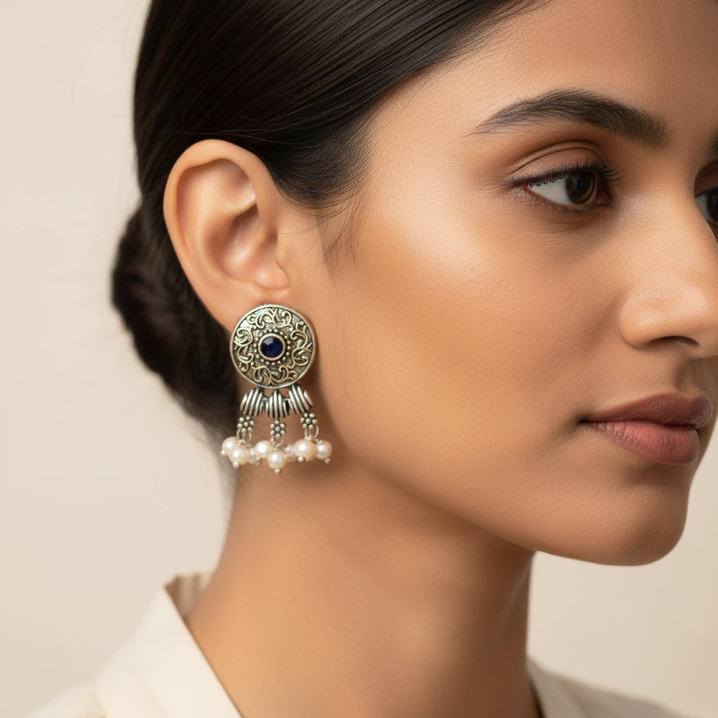 Carved Charm Dangler earrings &  Button rays stud earring (Black) Combo set
