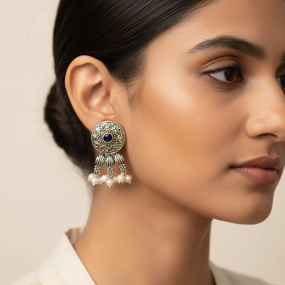 Carved Charm Dangler earrings &  Button rays stud earring (Black) Combo set