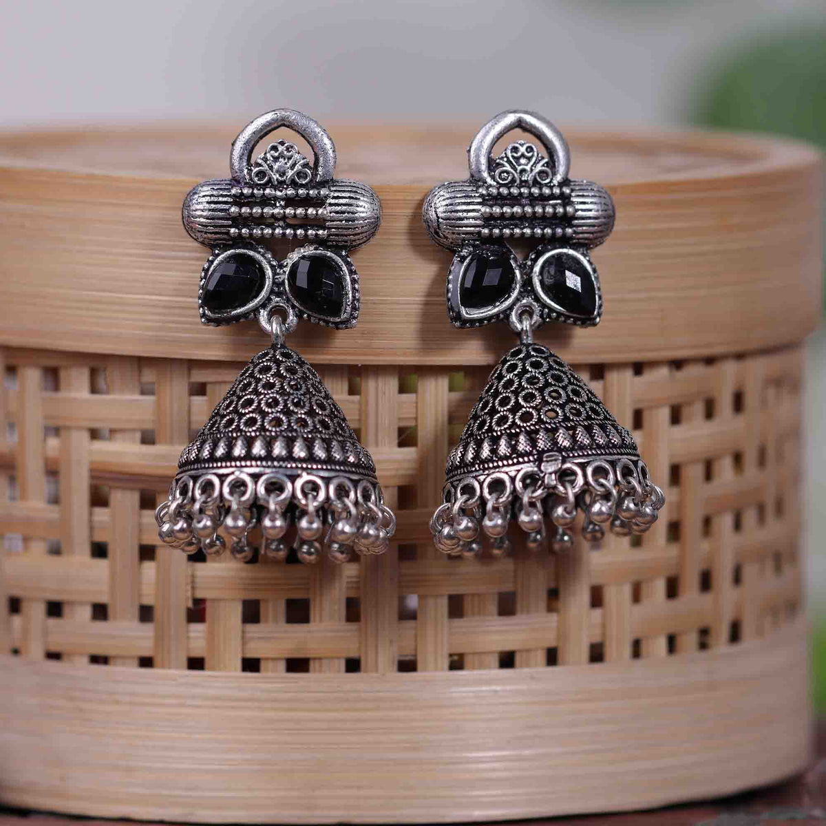 Stunning stone studded jhumki earrings (Black)