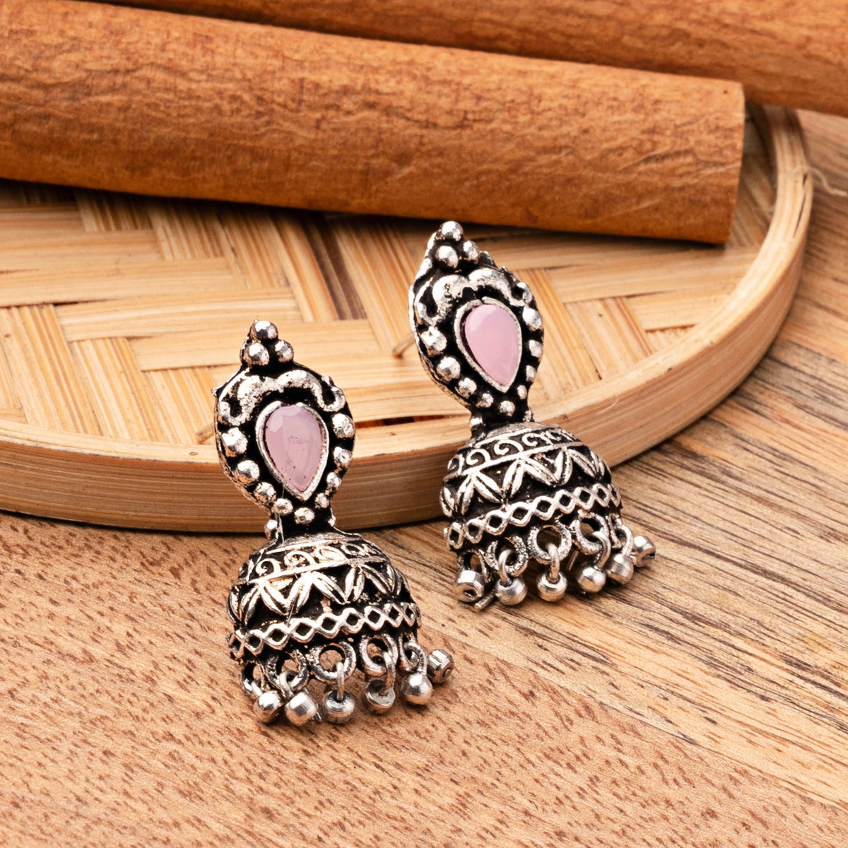 Jharokha stone studded jhumki earring (Baby Pink)