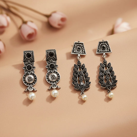 Wonderful wildflower oxidised stud earrings (Black)&Precious Petal stone studded dangler earring (Black) Combo set