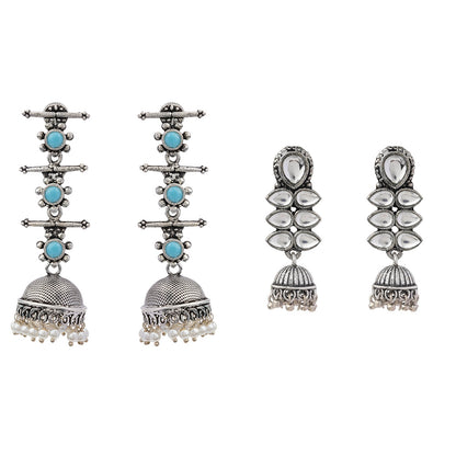 Dazzle Dash Jhumki earring (White)&Royal Triple Bell Layered Jhumka Earring (Sky Blue) Combo set