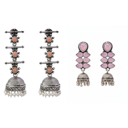 Dazzle Dash Jhumki earring (Baby Pink)&Royal Triple Bell Layered Jhumka Earring (Light Orange) Combo set