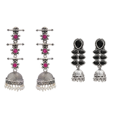 Dazzle Dash Jhumki earring (Black)&Royal Triple Bell Layered Jhumka Earring (Red) Combo set