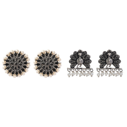 Carved Charm Dangler earrings &  Meena Manjari stone stud earrings (Silver) Combo set