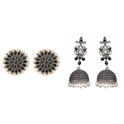 Carved Charm Dangler earrings &  Kalash Kamal Jhumka earring (Black) Combo set