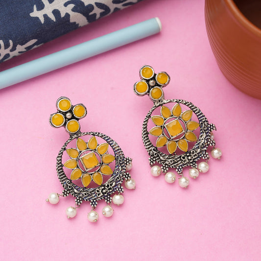 Flower Rangoli Pearl dangler earrings (Yellow)
