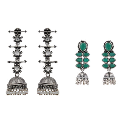 Dazzle Dash Jhumki earring (Green)&Royal Triple Bell Layered Jhumka Earring (White) Combo set