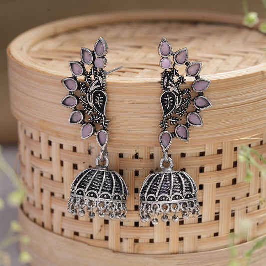 floraglam stone studded jhumki earrings (Baby Pink)