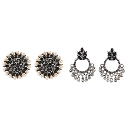 Carved Charm Dangler earrings &  Fine Shine stud earrings (Black) Combo set