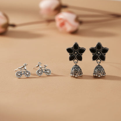 Beauty Bloom ghunghroo jhumki earring (Black)&Cycle Charm Dangler earrings (Silver) Combo set