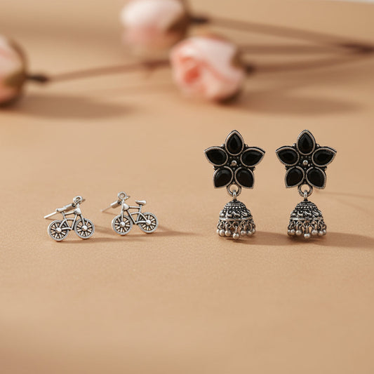 Beauty Bloom ghunghroo jhumki earring (Black)&Cycle Charm Dangler earrings (Silver) Combo set