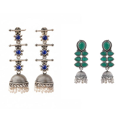 Dazzle Dash Jhumki earring (Green)&Royal Triple Bell Layered Jhumka Earring (Blue) Combo set