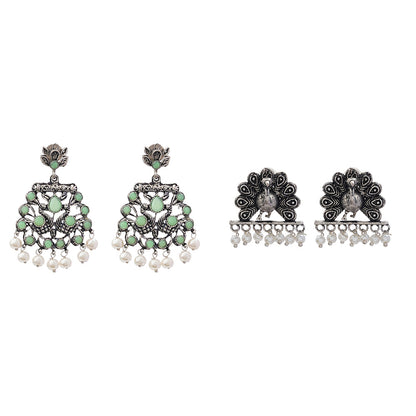 Peacock glow stone studded dangler earrings (Pista)&Meena Manjari stone stud earrings (Silver) Combo set