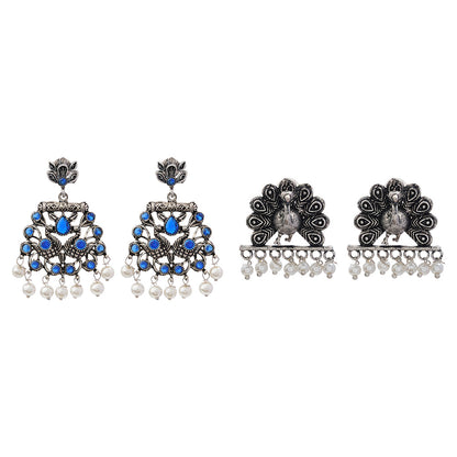 Peacock glow stone studded dangler earrings (Blue)&Meena Manjari stone stud earrings (Silver) Combo set