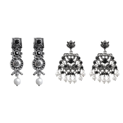 Wonderful wildflower oxidised stud earrings (Black)&Peacock glow stone studded dangler earrings (Black) Combo set