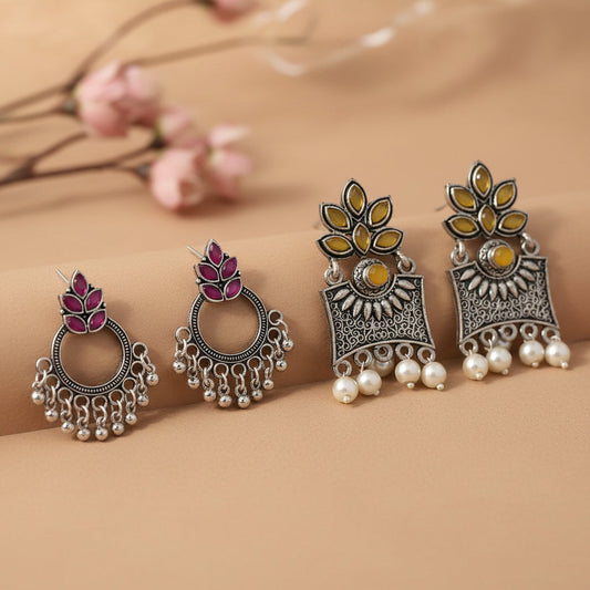 Fine Shine stud earrings (Red)&Flora-Aura stone studded dangler earrings (Yellow) Combo set