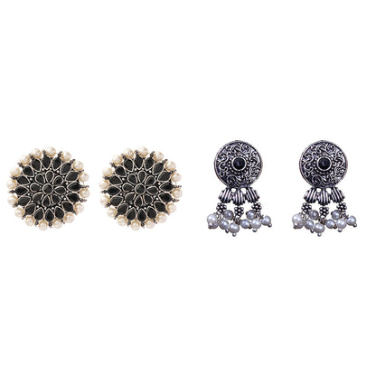 Carved Charm Dangler earrings &  Button rays stud earring (Black) Combo set