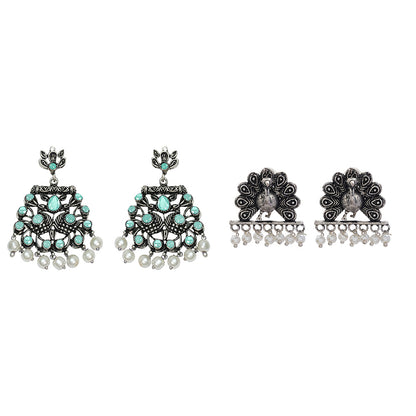 Peacock glow stone studded dangler earrings (Mint)&Meena Manjari stone stud earrings (Silver) Combo set