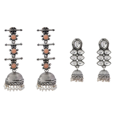 Dazzle Dash Jhumki earring (White)&Royal Triple Bell Layered Jhumka Earring (Light Orange) Combo set