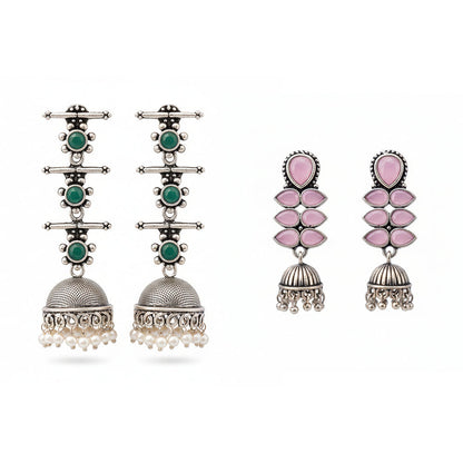 Dazzle Dash Jhumki earring (Baby Pink)&Royal Triple Bell Layered Jhumka Earring (Green) Combo set