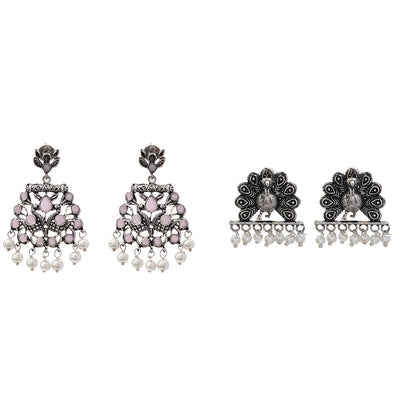 Peacock glow stone studded dangler earrings (Baby Pink)&Meena Manjari stone stud earrings (Silver) Combo set