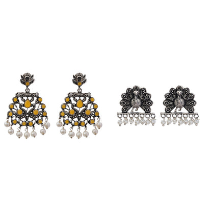 Peacock glow stone studded dangler earrings (Yellow)&Meena Manjari stone stud earrings (Silver) Combo set
