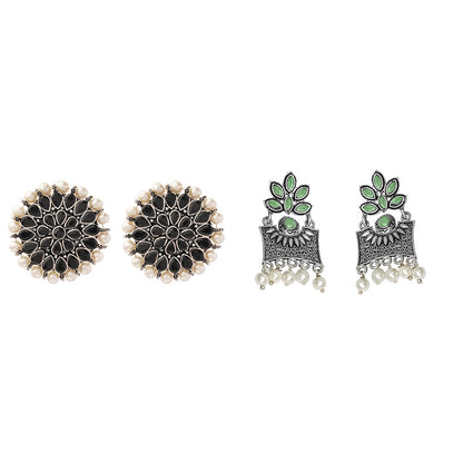 Carved Charm Dangler earrings &  Flora-Aura stone studded dangler earrings (Pista) Combo set