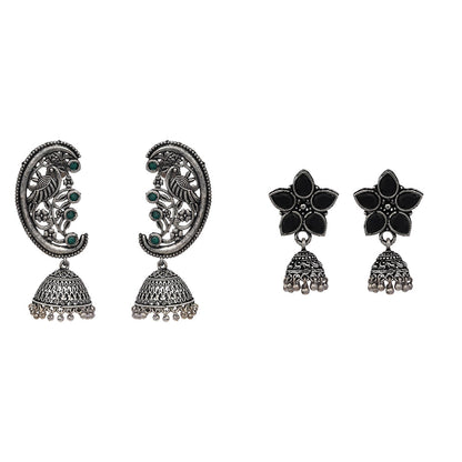 Beauty Bloom ghunghroo jhumki earring (Black)&Moon-lit Mayur Jhumki earrings (Green) Combo set