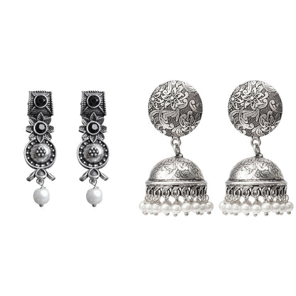 Wonderful wildflower oxidised stud earrings (Black)&Rajwada Traditional Jhumka earrin (Silver) Combo set