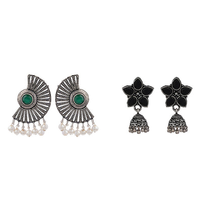 Beauty Bloom ghunghroo jhumki earring (Black)&Bloom Arc pearl stud earring (Green) Combo set