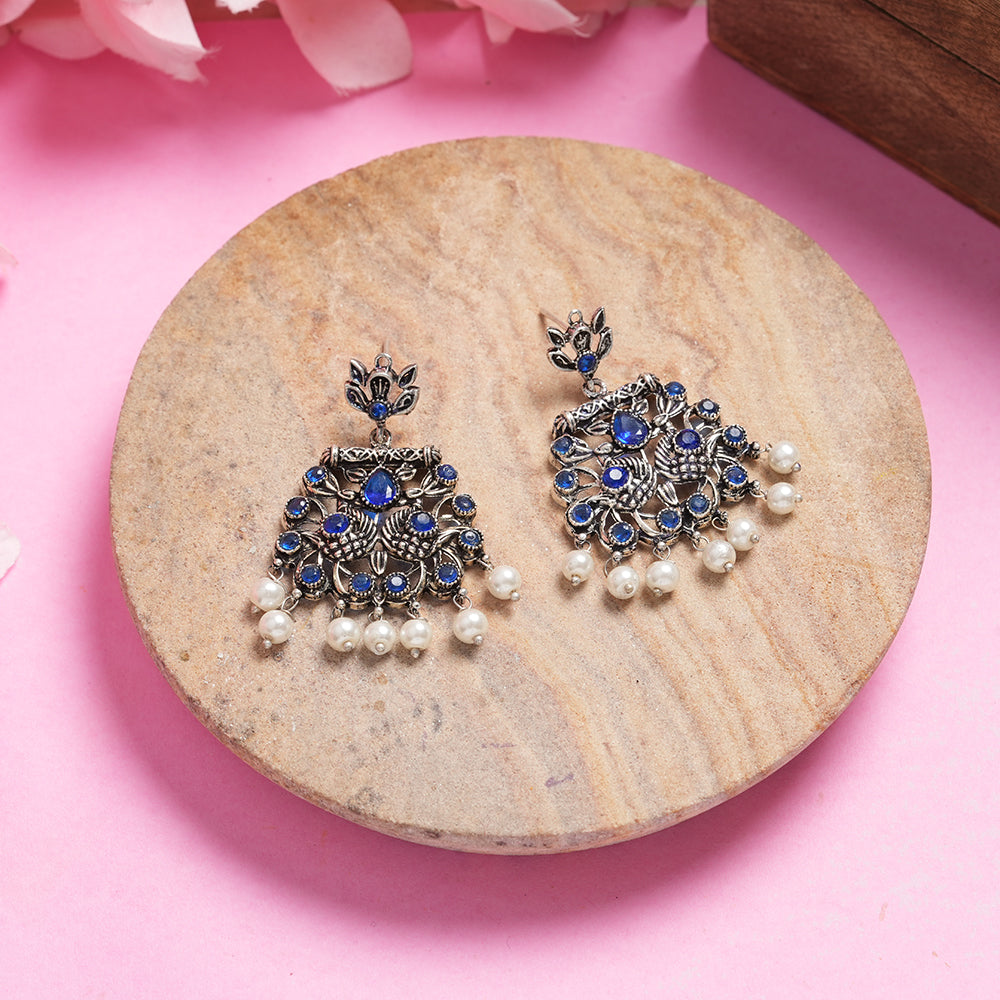 Peacock glow stone studded dangler earrings (Blue)