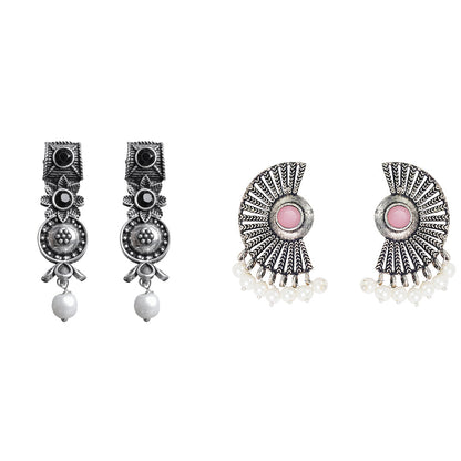 Wonderful wildflower oxidised stud earrings (Black)&Bloom Arc pearl stud earring (Baby Pink) Combo set
