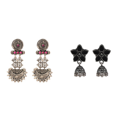Beauty Bloom ghunghroo jhumki earring (Black)&Enchanted Swing dangler earring (Red) Combo set