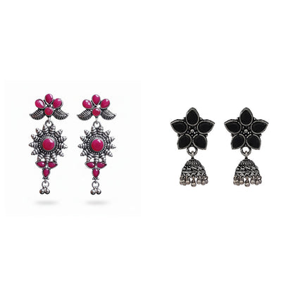 Beauty Bloom ghunghroo jhumki earring (Black)&FloraSun dangler earrings (Red) Combo set