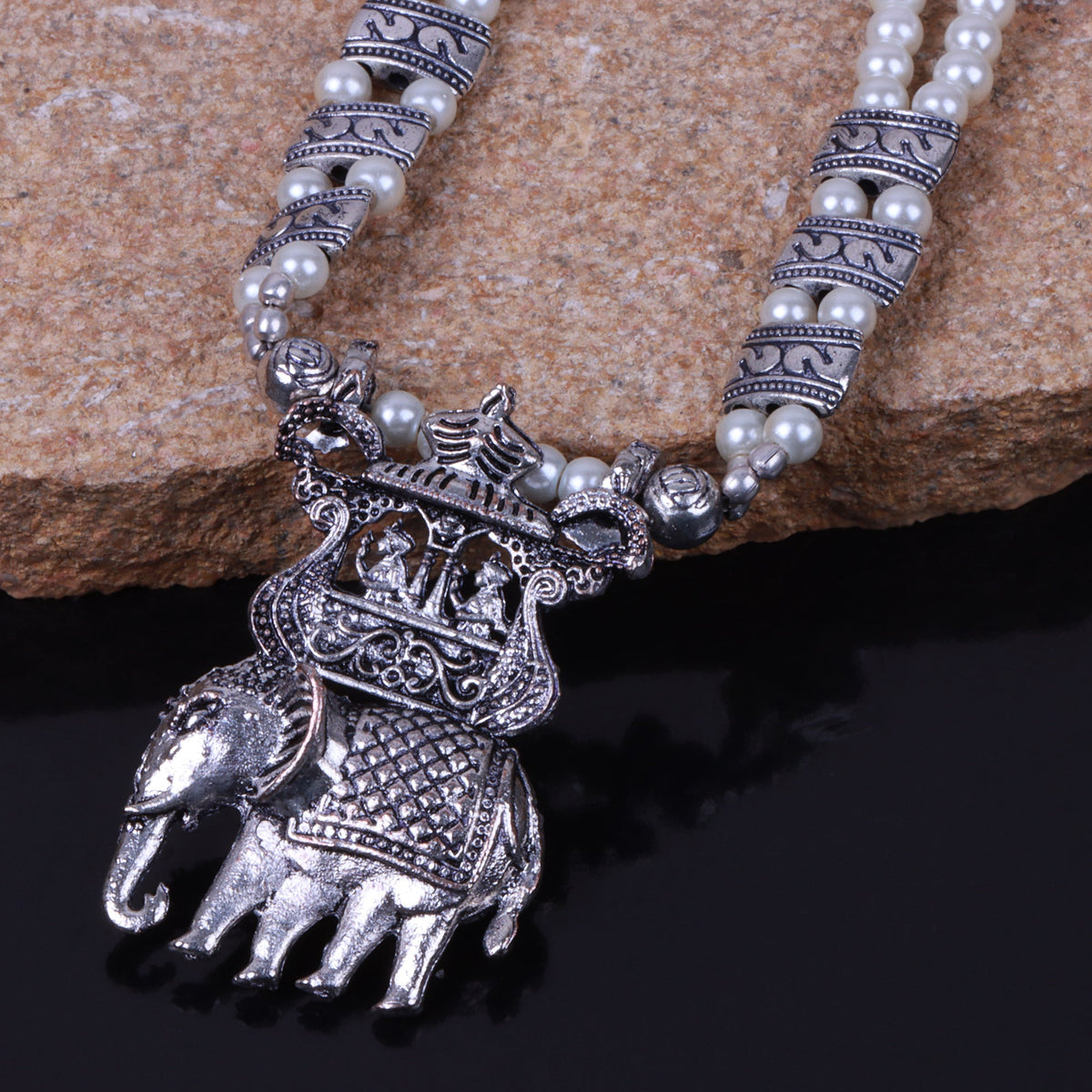 Tusker Tale statement pendant beaded neckpiece (White)