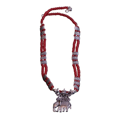 Tusker Tale statement pendant beaded neckpiece (Red)
