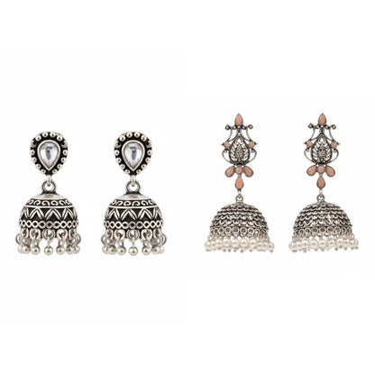 Kalash Kamal Jhumka earring (Light Orange)&Jharokha stone studded jhumki earring (White) Combo set