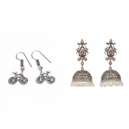 Kalash Kamal Jhumka earring (Light Orange)&Cycle Charm Dangler earrings (Silver) Combo set