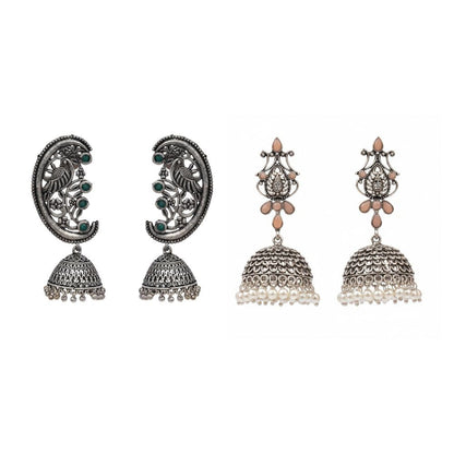 Kalash Kamal Jhumka earring (Light Orange)&Moon-lit Mayur Jhumki earrings (Green) Combo set