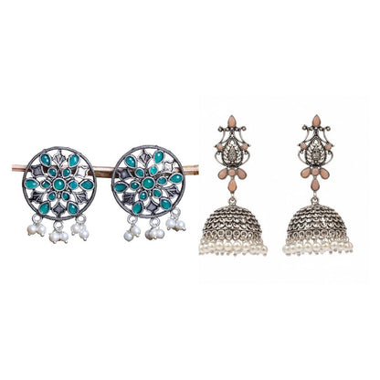 Kalash Kamal Jhumka earring (Light Orange)&Glass drops Dangler Earrings (Green) Combo set