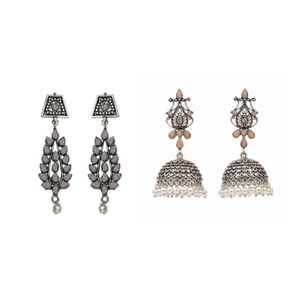 Kalash Kamal Jhumka earring (Light Orange)&Precious Petal stone studded dangler earring (Baby Pink) Combo set