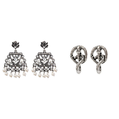 Peacock glow stone studded dangler earrings &Swirly snake oxidised stud earrings Combo set for Women and Girl