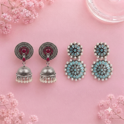 Evergreen earrings (Multicolored) Double boho floral dangler earring (Red) Combo set
