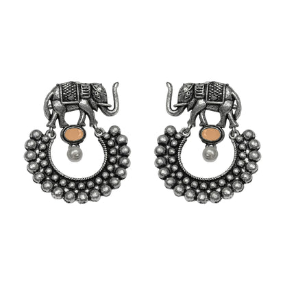 Royal Triple Bell Layered Jhumka Earring (Black) Elephant Arc dangler earrings (Light Orange) Combo set
