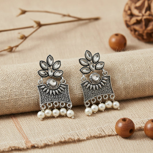 Flora-Aura stone studded dangler earrings (White)