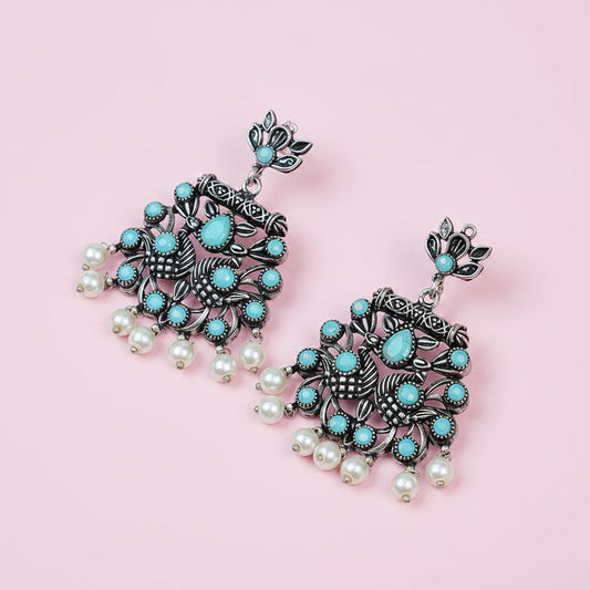 Peacock glow stone studded dangler earrings (Mint)