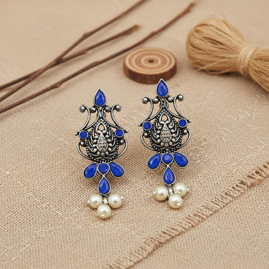 Flower motif hanging pearls dangler earring (Blue)