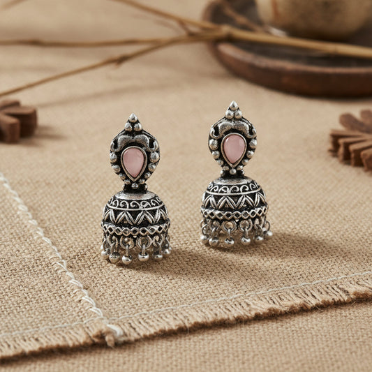 Jharokha stone studded jhumki earring (Light Orange)