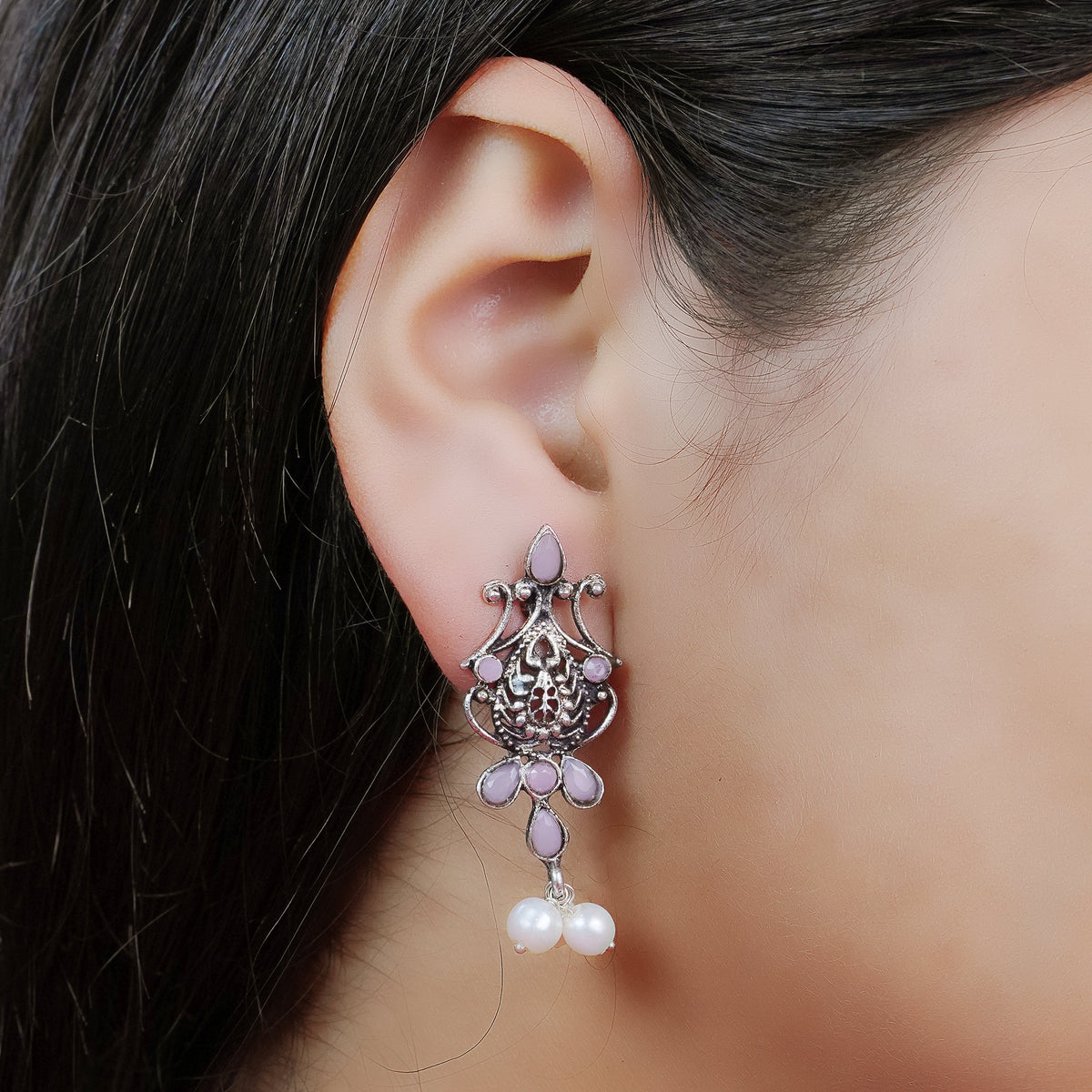Flower motif hanging pearls dangler earring (Baby Pink)